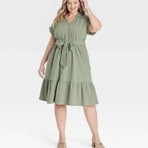 Ava & Viv Women's Short Sleeve Tiered Dress Shirtdress Plus 2X Sage Green NEW